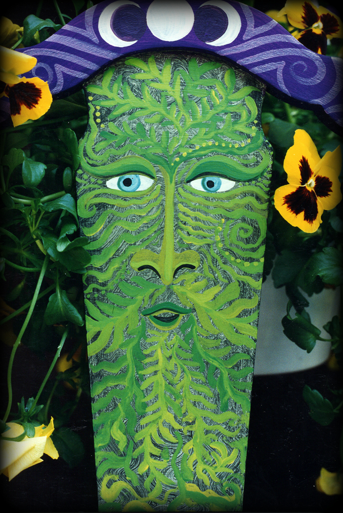 Green man rocker back view - hand painted furniture