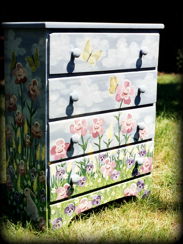 Woodland Meadow Custom 4 Drawer Dresser 2 Left Angle View - hand painted furniture