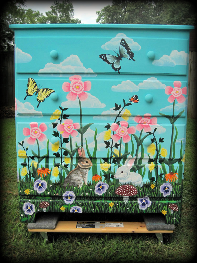 Woodland Meadow Custom 4 Drawer Dresser Full View - hand painted furniture