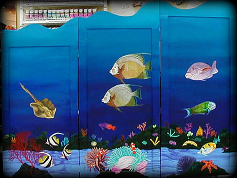 Tropical Reef Custom Folding Screen Front View - custom hand painted furniture