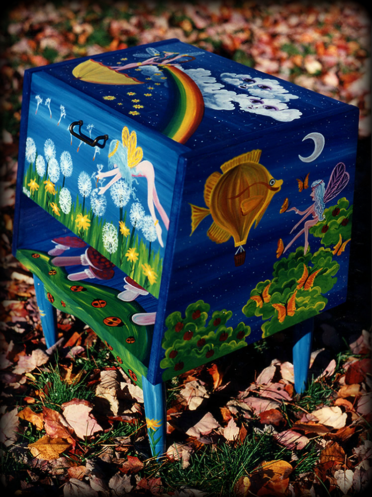 Faeries Vintage Nightstand Angle View - hand painted furniture