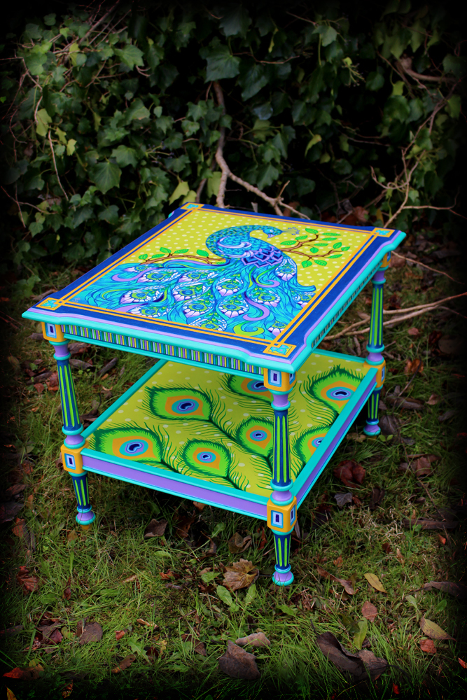 Hand Painted Peacock Endtable - Right Angle View