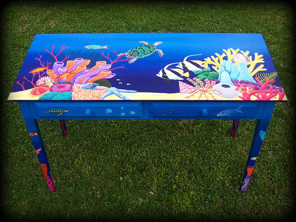 Tropical Reef Hall Table Full View - hand painted furniture