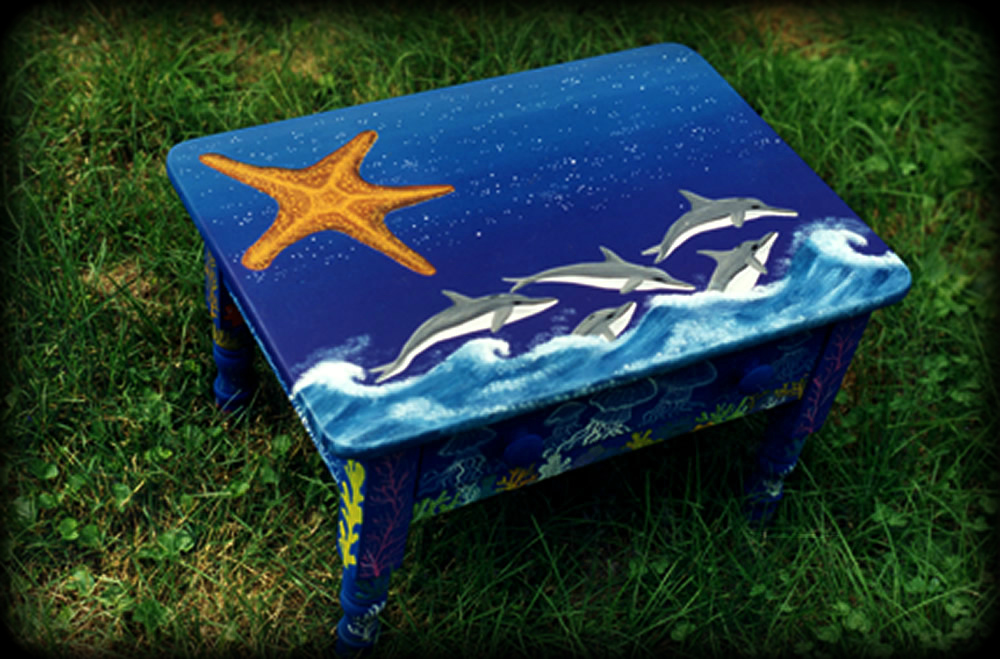Dolphin Love Vintage End Table Full View - hand painted tables