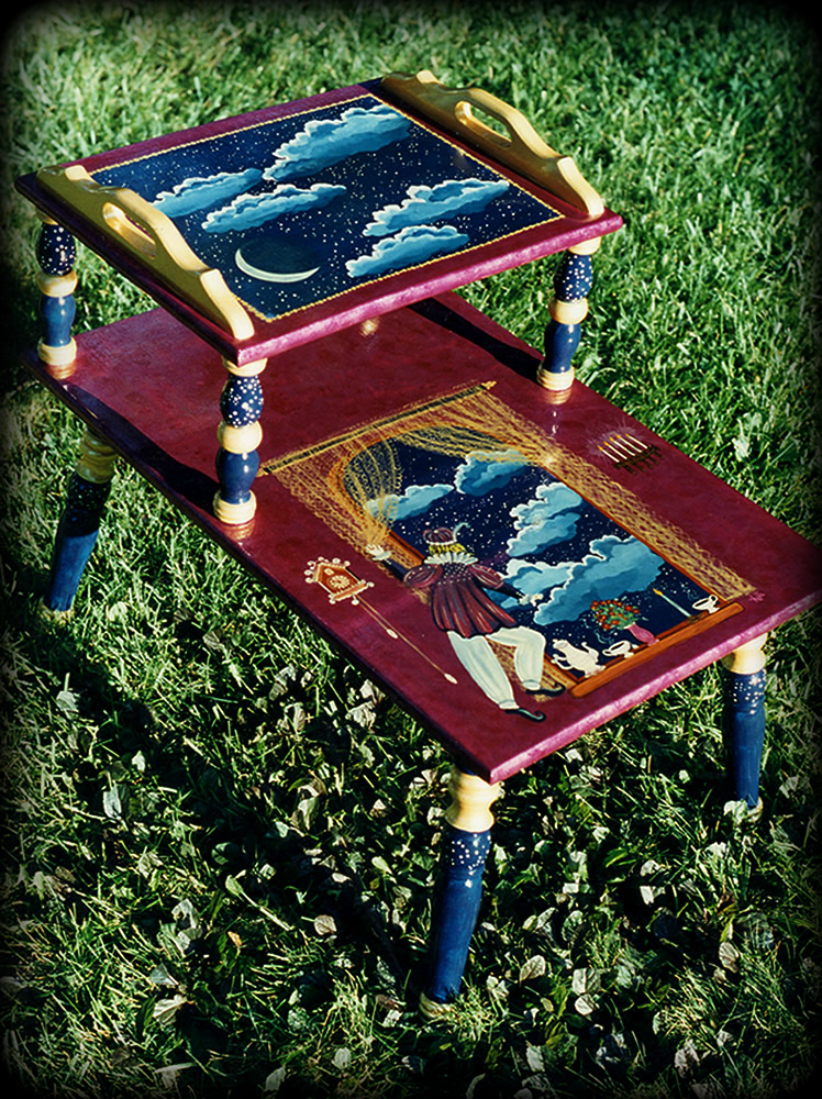 Harlequin Dreams Vintage End Table Angle View - hand painted furniture