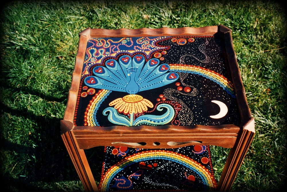 Peacock Dream Vintage End Table Top View - hand painted furniture