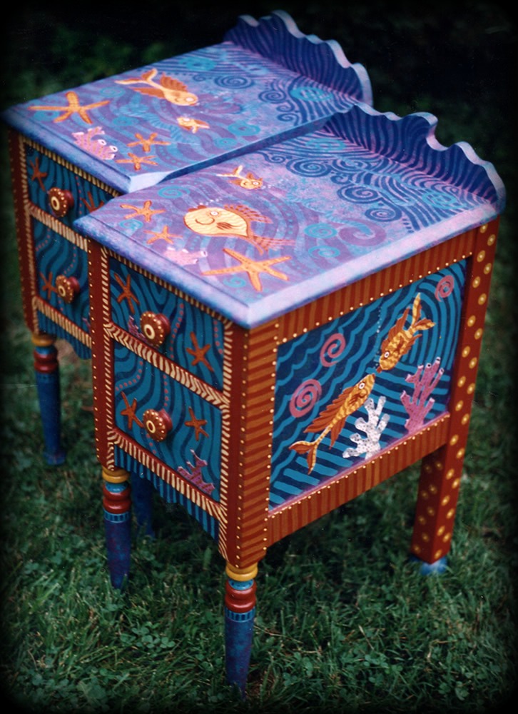 Tropical Reef Vintage End Table Set Angle View - hand painted tables