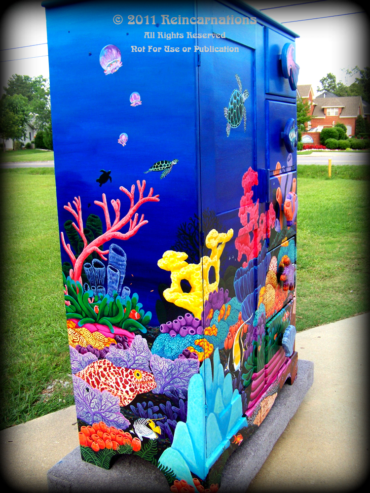 Tropical Reef Armoire Left Angle View - hand painted furniture