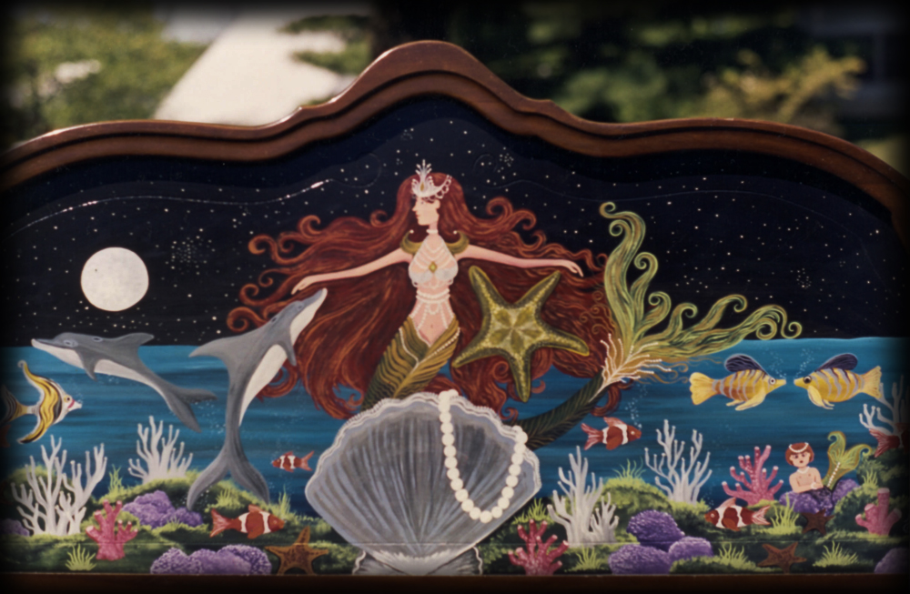Mermaids Vintage Bed Headboard View - custom hand painted furniture