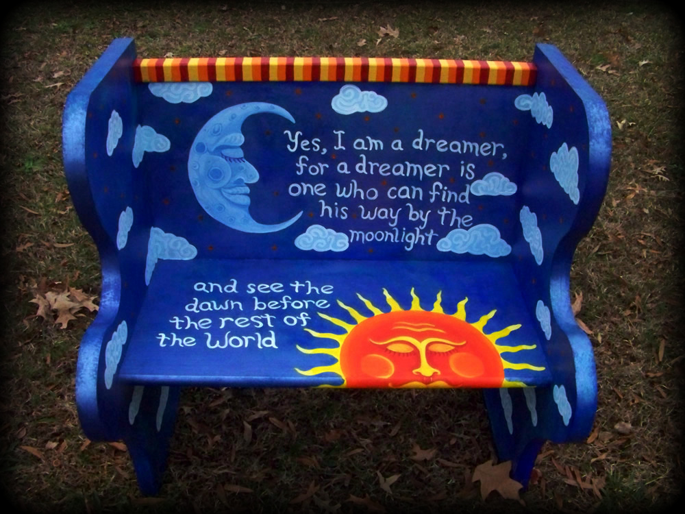 Dreamer's Moon Bench Front View - - Hand Painted Furniture by Reincarnations