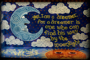 Dreamer's Moon Custom Bench 2 Seat Detail - hand painted furniture