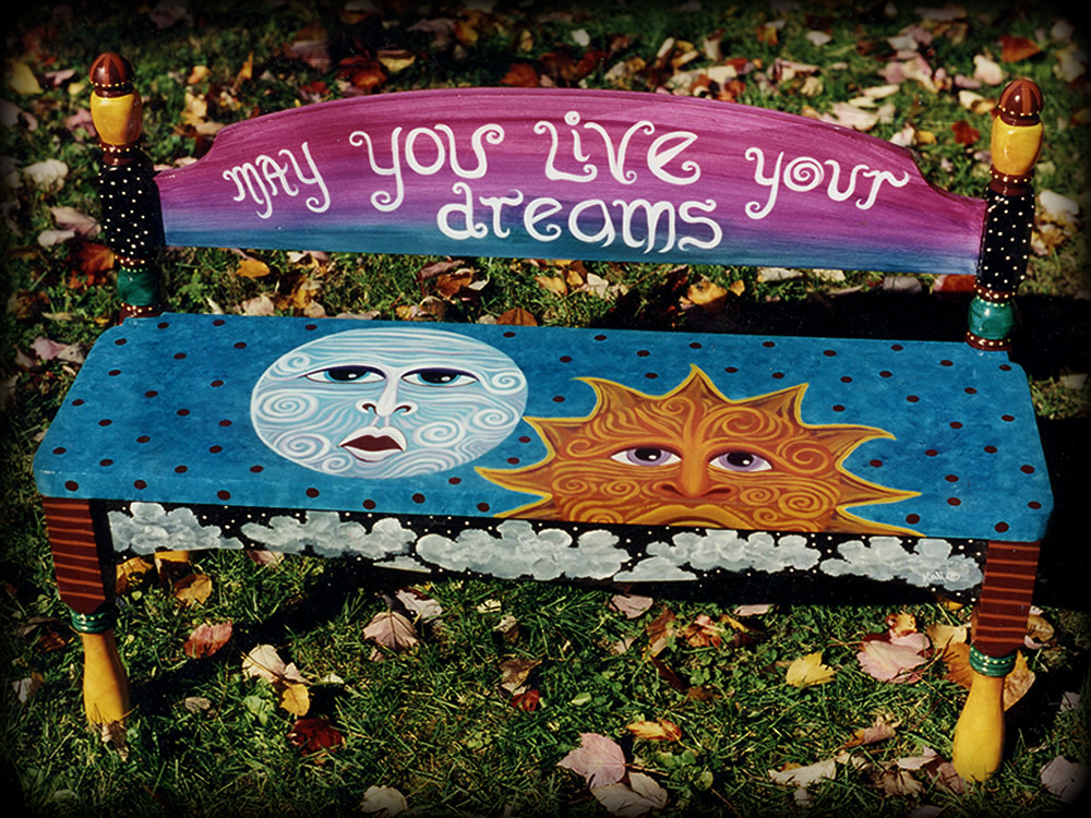 Live Your Dreams Custom Bench Full View - custom hand painted furniture