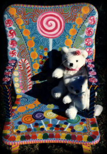 Candyland Chair seat detail- Hand Painted Furniture by Reincarnations