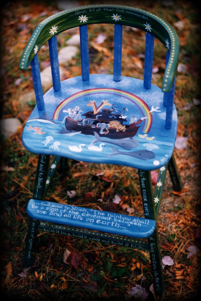 Noah's Ark theme on child's booster seat - Hand Painted Furniture by Reincarnations