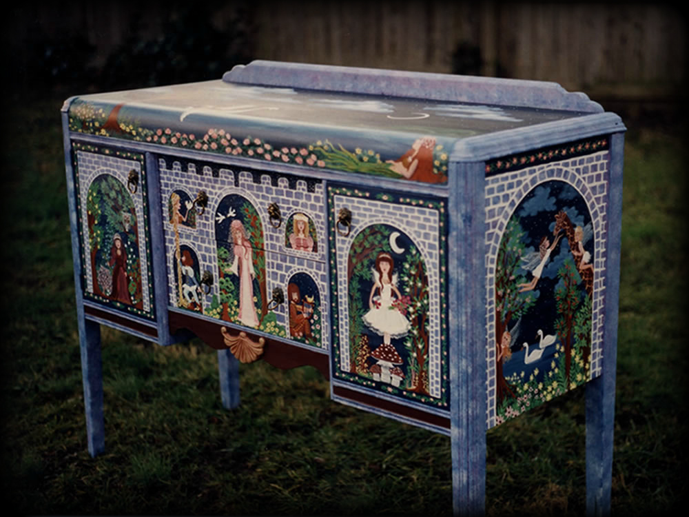 Dream Castle sideboard angle view - hand painted furniture