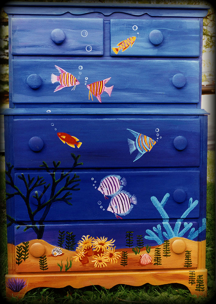 Tropical Reef Vintage Dresser Full View - hand painted furniture