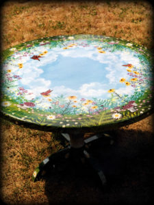 Woodland Meadow Pedestal Table Full View - hand painted furniture