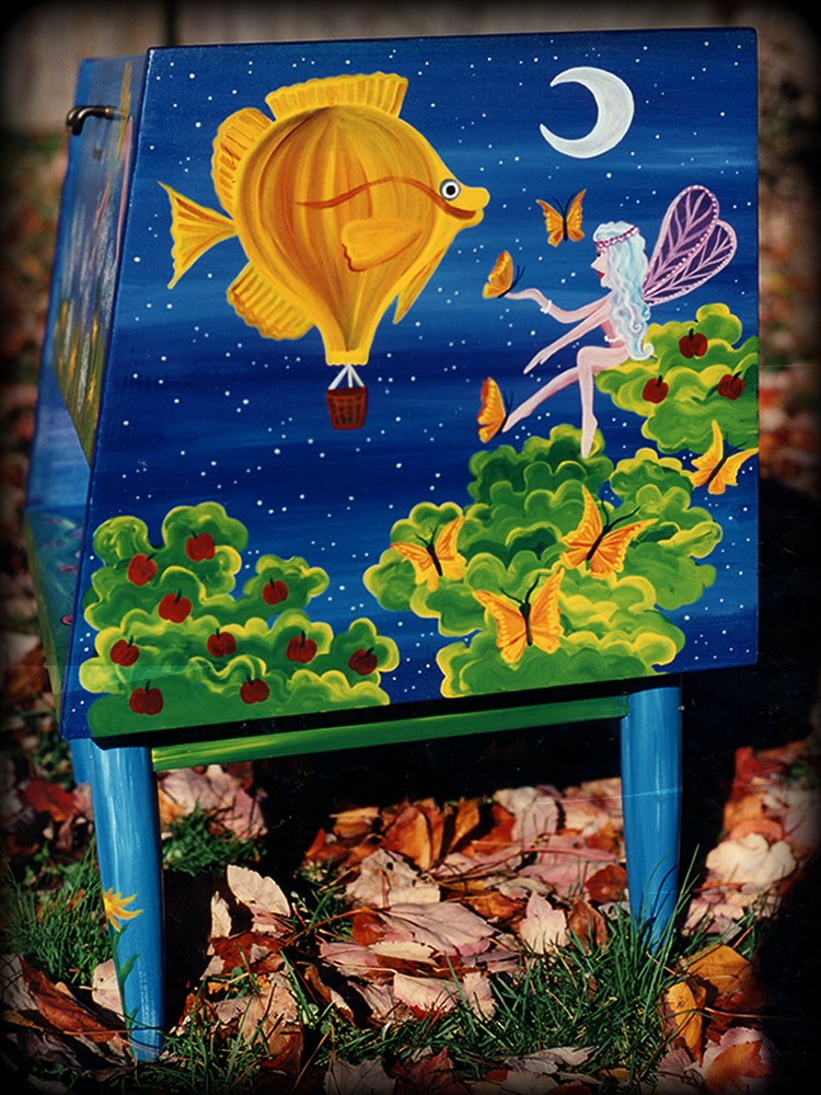 Faeries Vintage Nightstand Right Side View - hand painted furniture