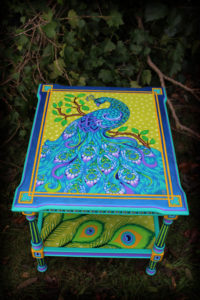 Hand Painted Peacock Endtable - Front Angle View