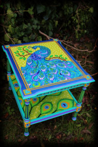 Hand Painted Peacock Endtable - Left Angle View