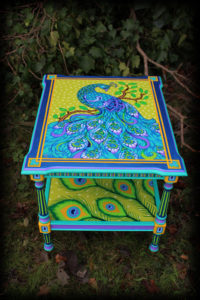 Hand Painted Peacock Endtable - Front Angle