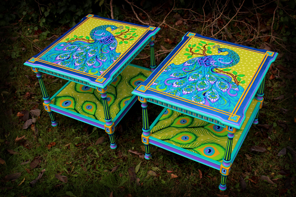 Hand Painted Peacock Endtable Set - Right Angle View