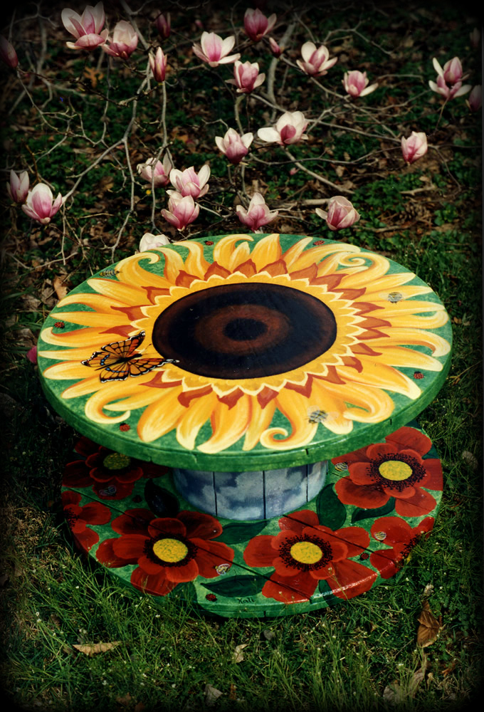 Sunflower Cable Spool Table - hand painted furniture