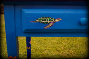 Tropical Reef Hall Table - Left Drawer Detail - Hand Painted Furniture by Reincarnations