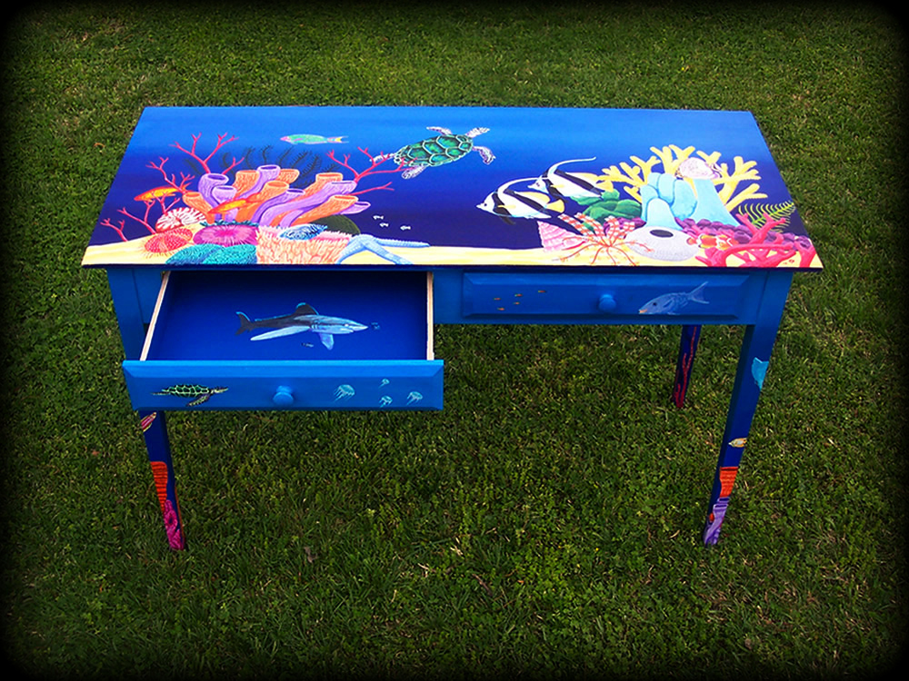 Tropical Reef Hall Table Left Open View - hand painted tables