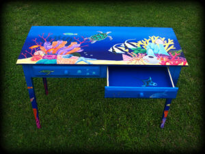 Tropical Reef Hall Table - Right Open View - Hand Painted Furniture by Reincarnations