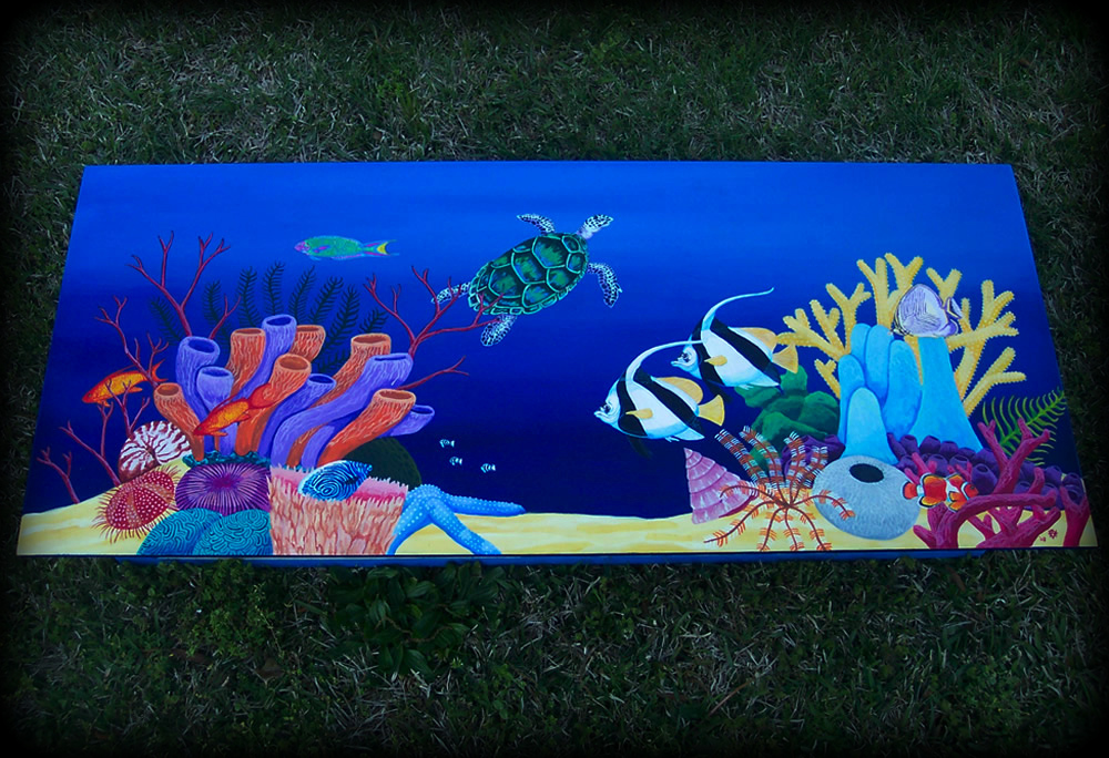 Tropical Reef Hall Table Top View - hand painted furniture