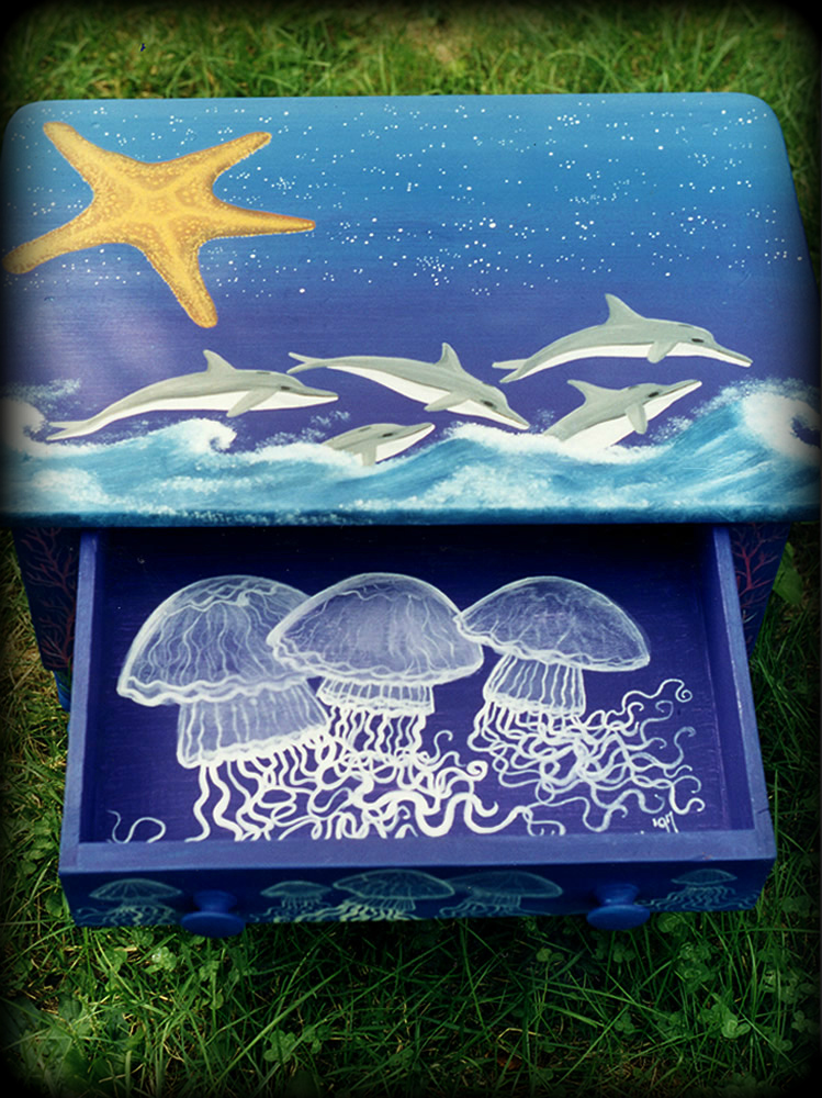 Dolphin Love Vintage End Table Open View - hand painted tables