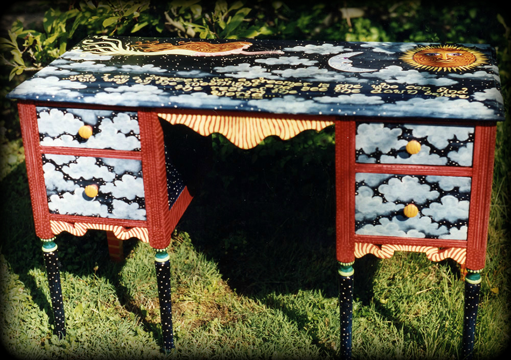 Dreamer's Moon Vintage Desk Full View - hand painted furniture