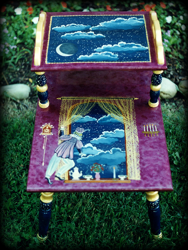 Harlequin Dreams Vintage End Table Front View - hand painted furniture