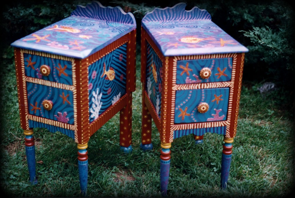 Tropical Reef Vintage End Table Set Full View - hand painted tables
